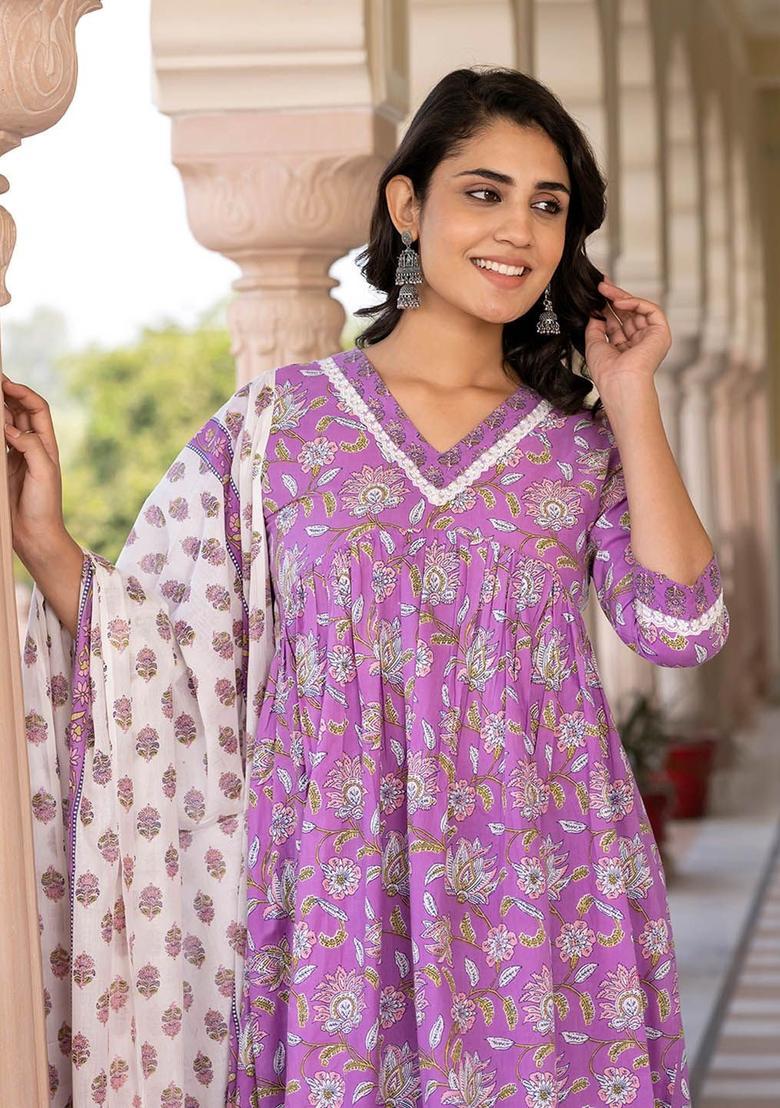 Purple Printed Cotton Kurta Set - Indya