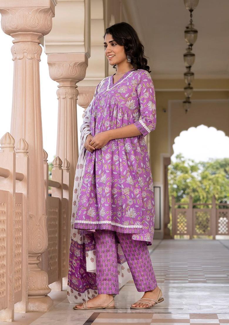 Purple Printed Cotton Kurta Set - Indya