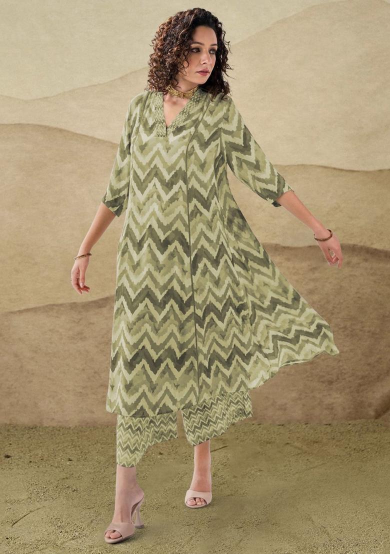 Green Printed Viscose Kurta Set - Indya