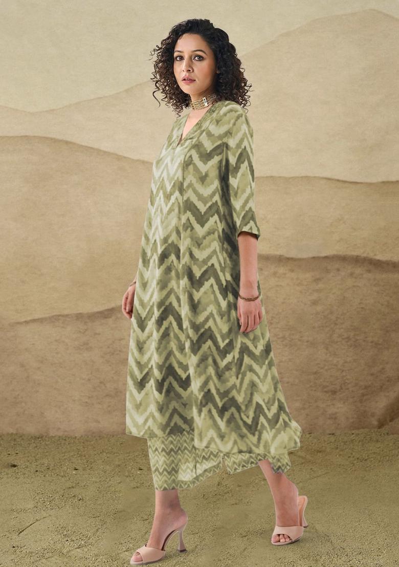 Green Printed Viscose Kurta Set - Indya