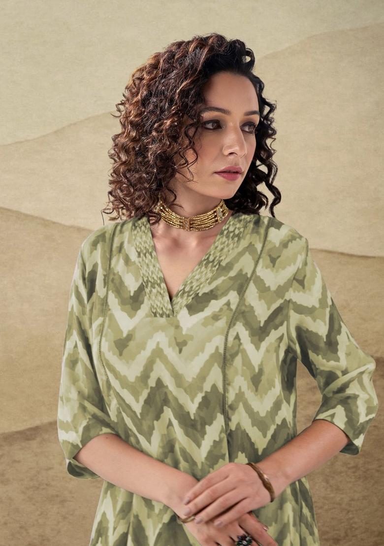 Green Printed Viscose Kurta Set - Indya