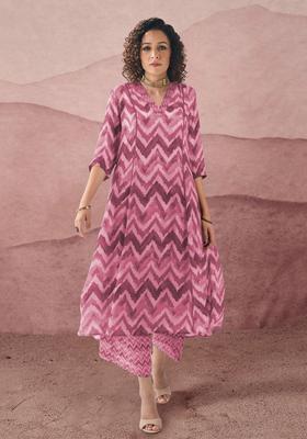 Pink Colourblocked Viscose Kurta Set
