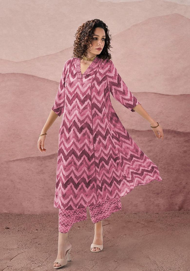 Pink Colourblocked Viscose Kurta Set - Indya