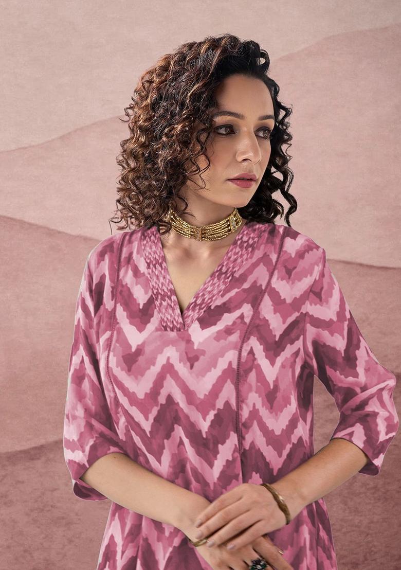 Pink Colourblocked Viscose Kurta Set - Indya