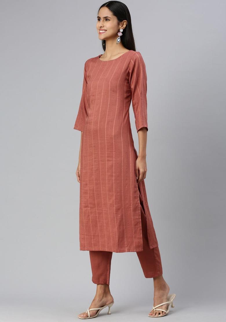 Rust Striped Silk Kurta Set - Indya