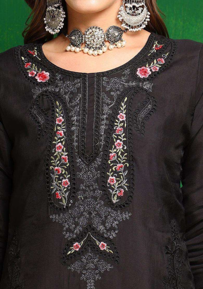 Black Embroidered Cotton Kurta Set - Indya