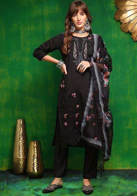 Black Embroidered Cotton Kurta Set