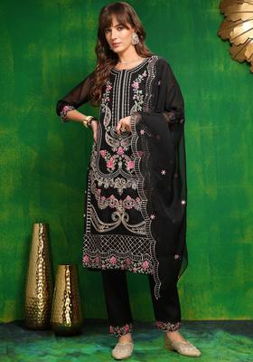 Black Embroidered Organza Kurta Set