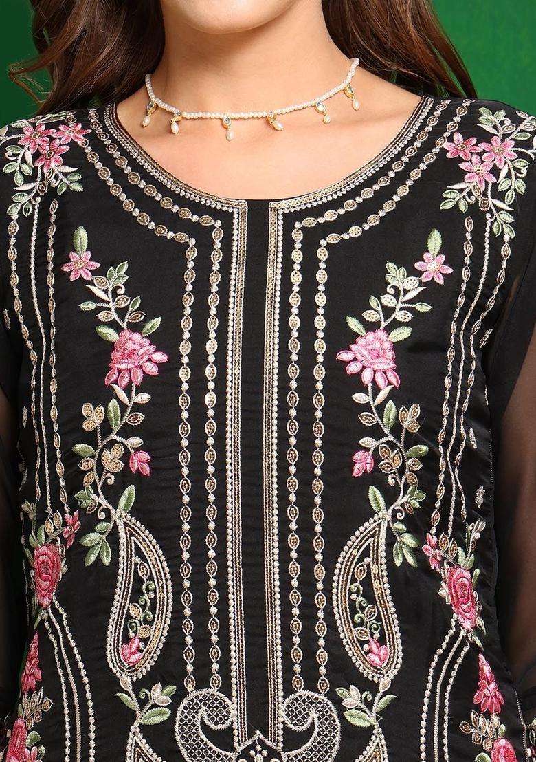 Black Embroidered Organza Kurta Set - Indya