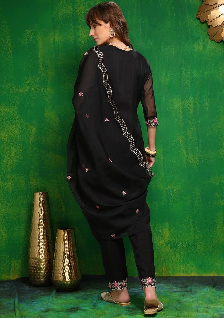 Black Embroidered Organza Kurta Set - Indya