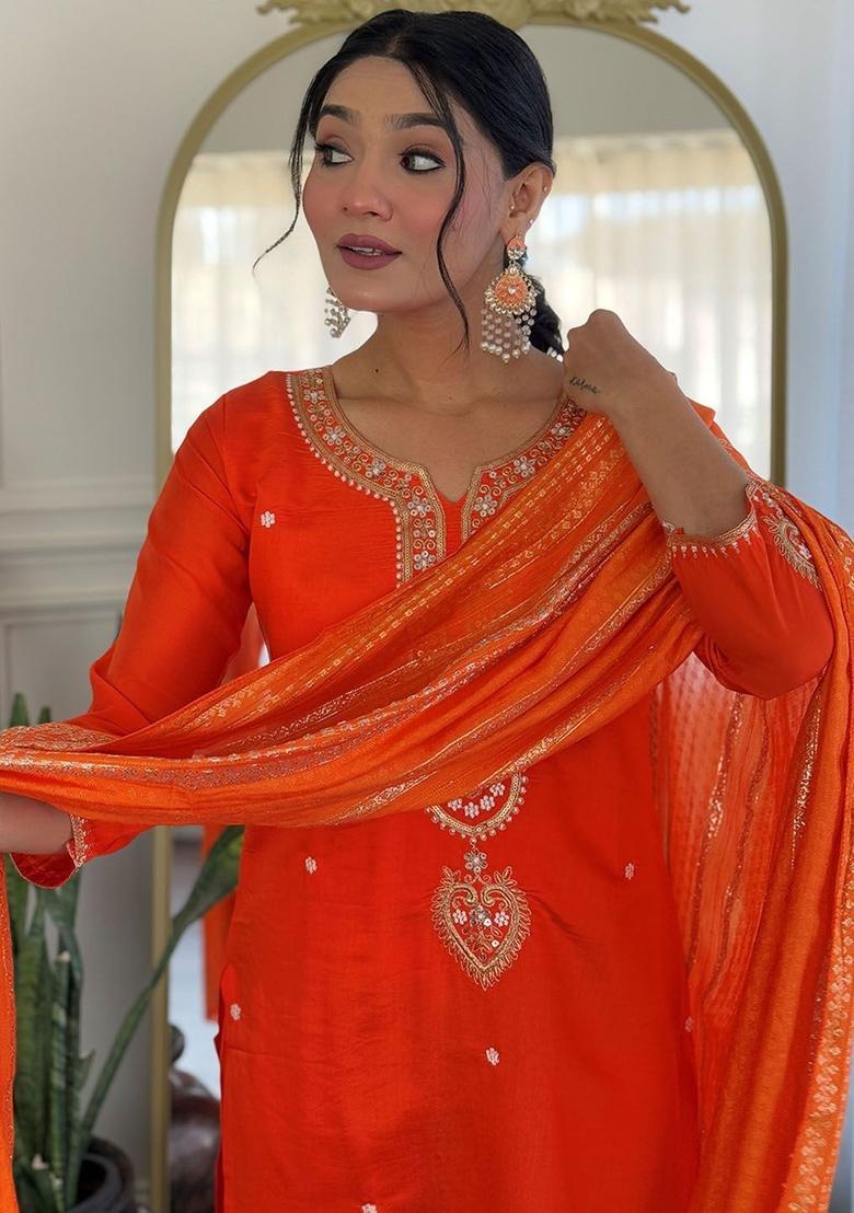 Orange Embroidered Silk Kurta Set - Indya