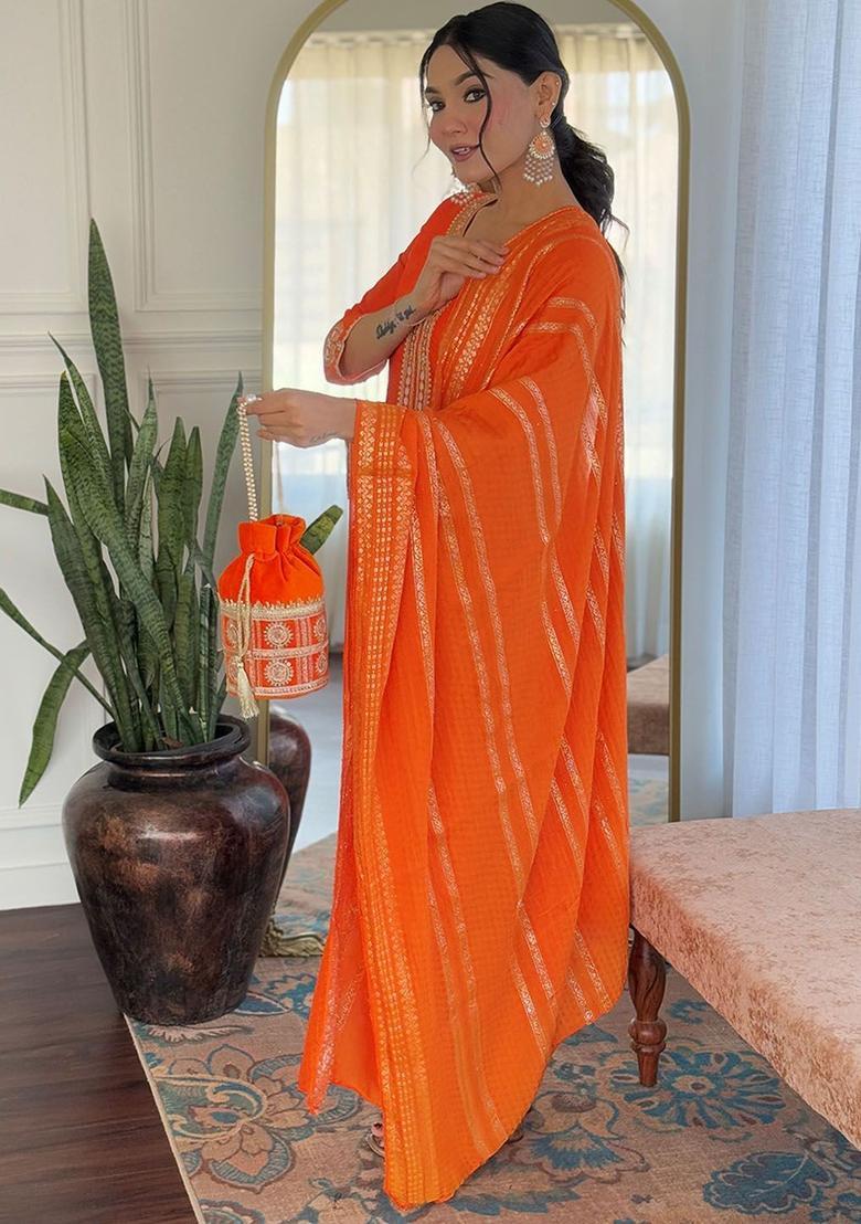 Orange Embroidered Silk Kurta Set - Indya