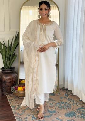 White Embroidered Silk Kurta Set