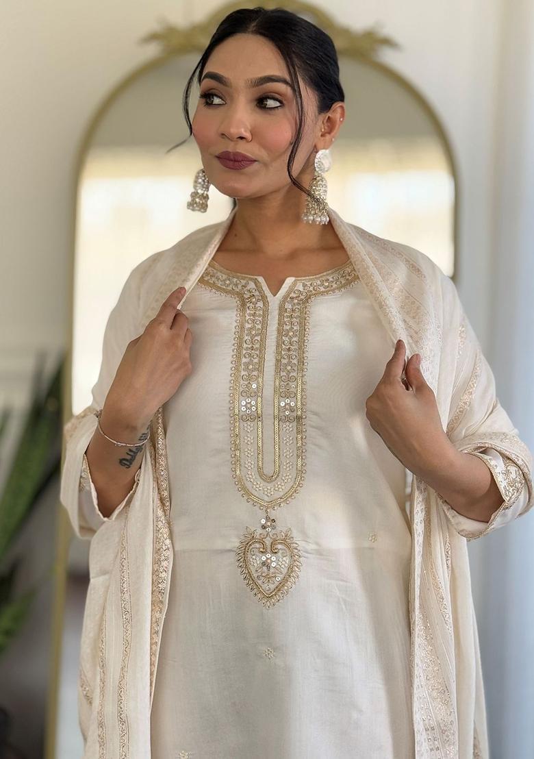 White Embroidered Silk Kurta Set - Indya