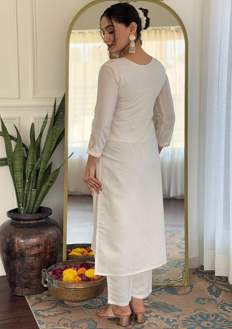 White Embroidered Silk Kurta Set - Indya