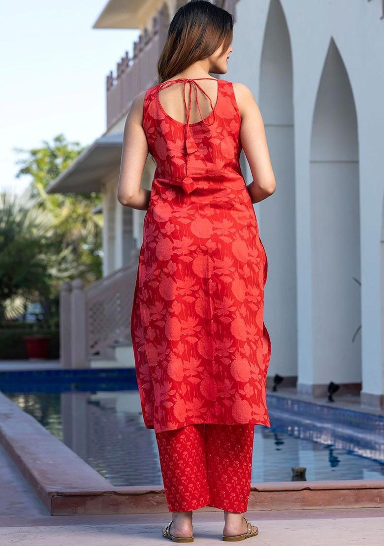 Red Printed Cotton Kurta Set - Indya