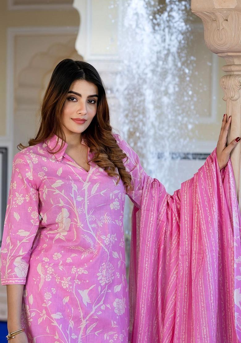 Pink Printed Cotton Kurta Set - Indya