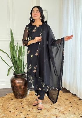 Black Printed Silk Kurta Set