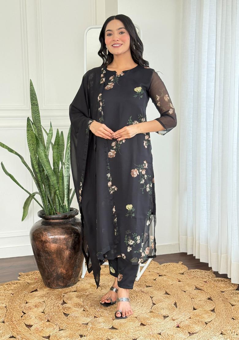 Black Printed Silk Kurta Set - Indya