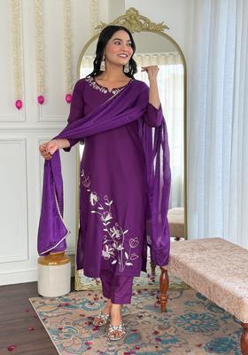 Purple Embroidered Viscose Kurta Set