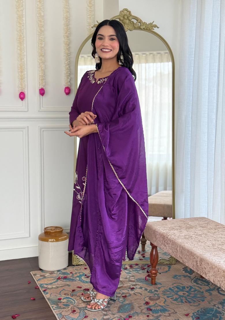 Purple Embroidered Viscose Kurta Set - Indya