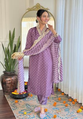 Mauve Embroidered Silk Blend Kurta Set