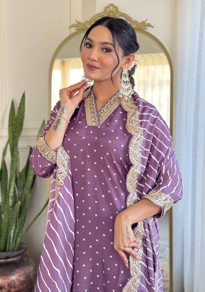 Mauve Embroidered Silk Kurta Set - Indya