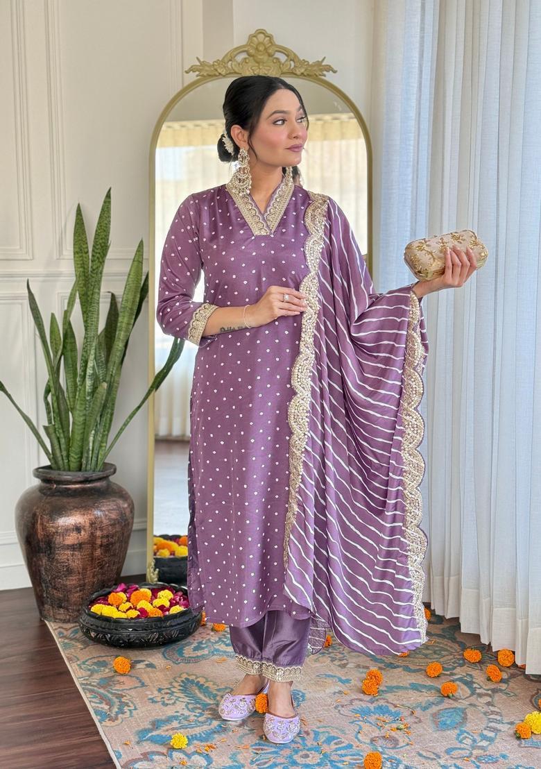 Mauve Embroidered Silk Kurta Set - Indya