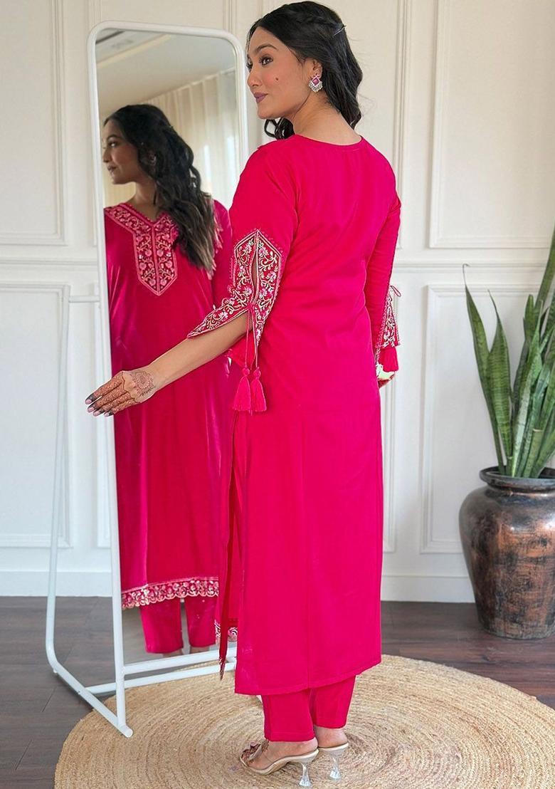 Fuchsia Embroidered Viscose Kurta Set - Indya