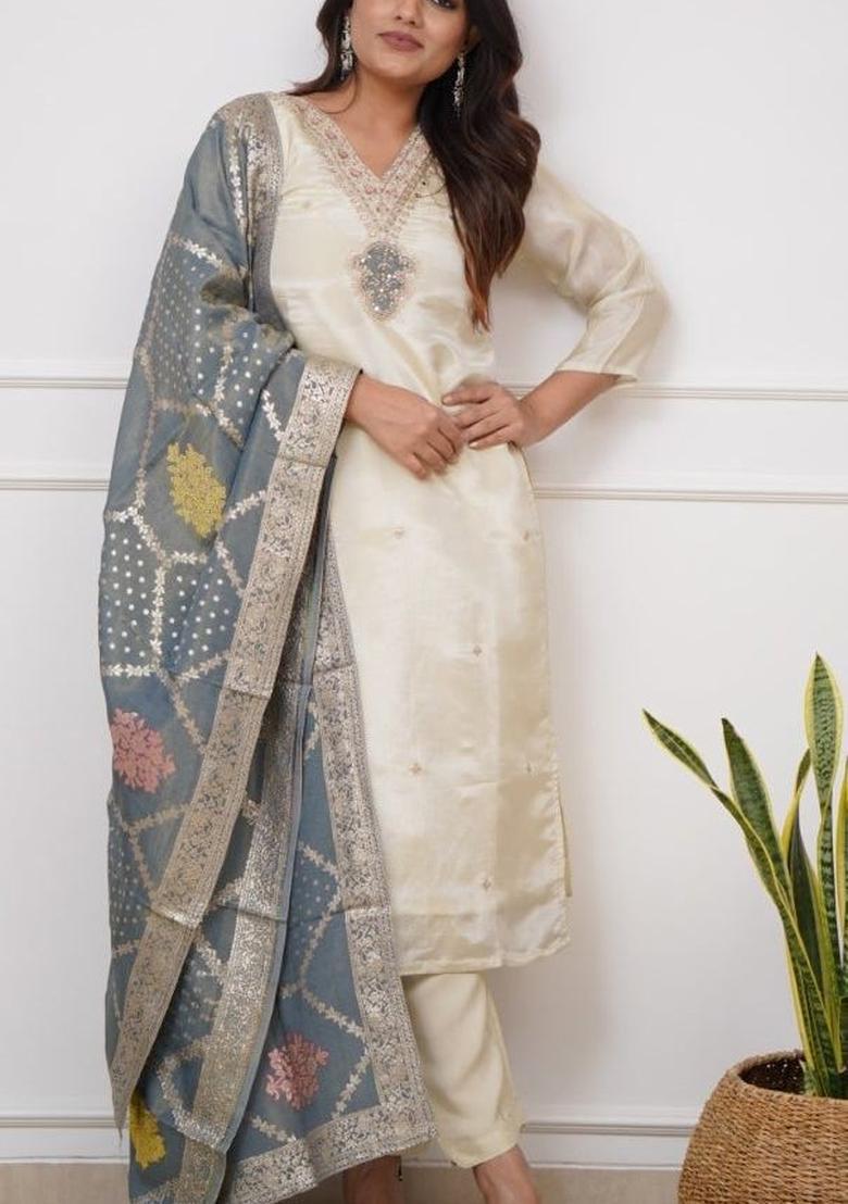 White Solid Viscose Kurta Set - Indya