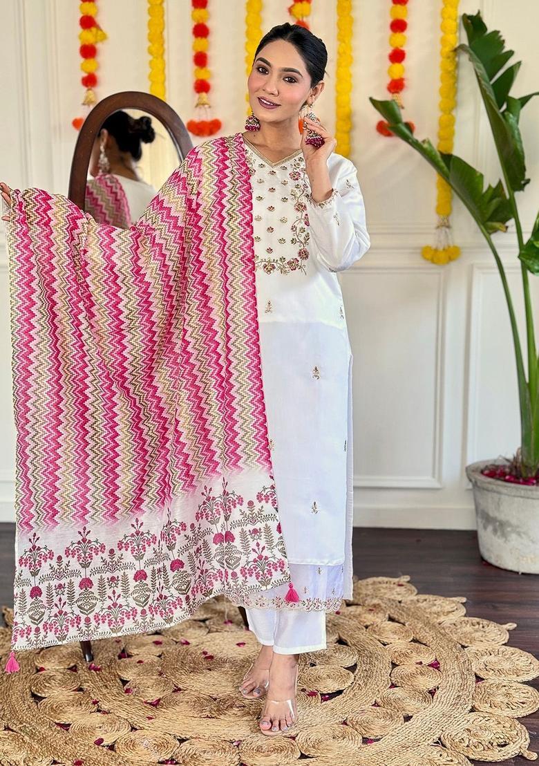 White Embroidered Viscose Kurta Set - Indya