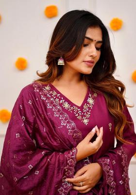 Purple Embroidered Viscose Kurta Set