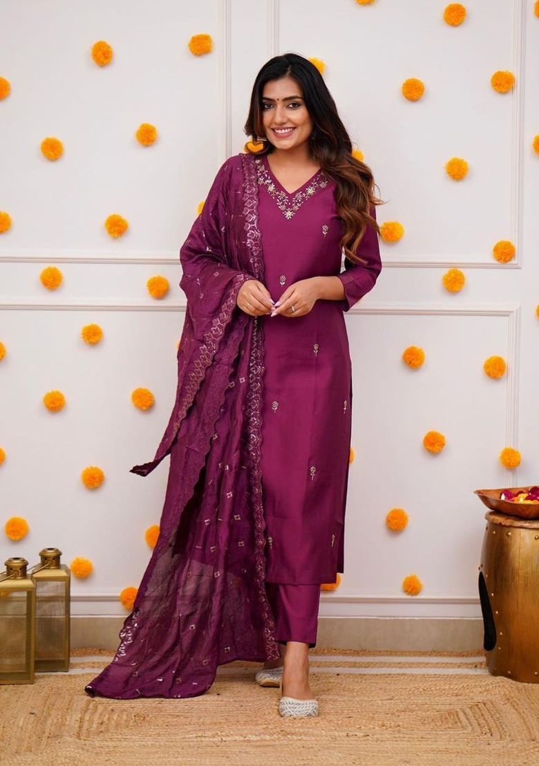 Purple Embroidered Viscose Kurta Set - Indya