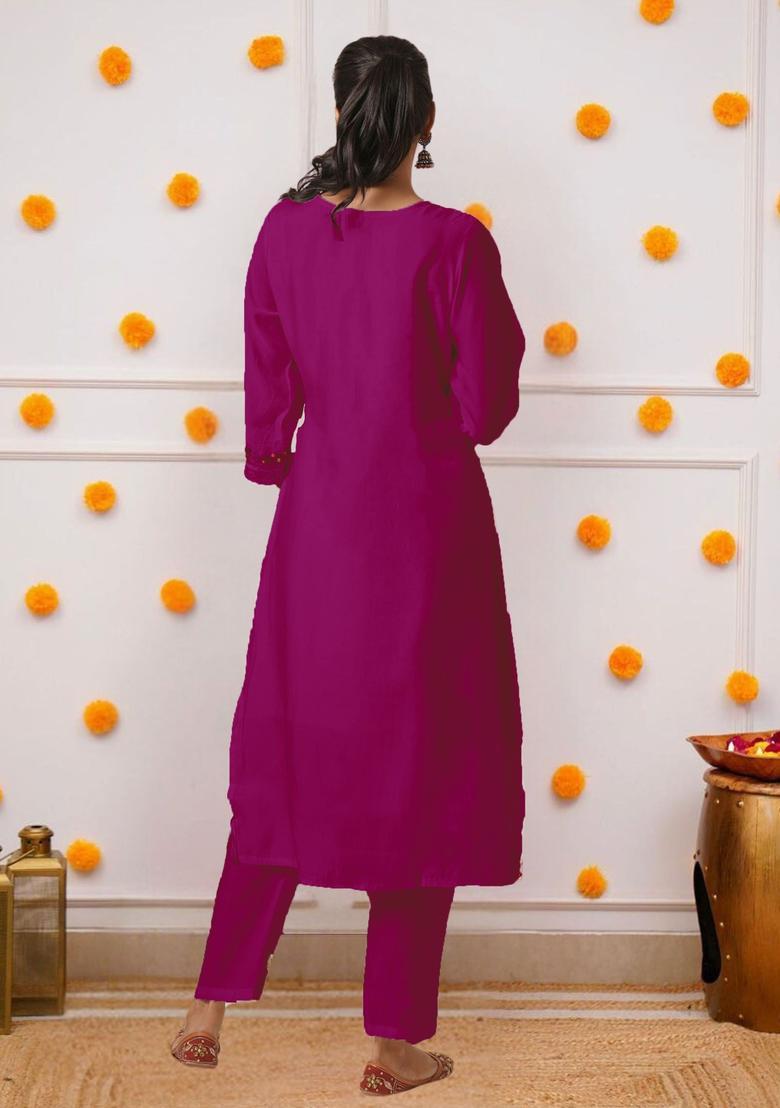 Purple Embroidered Viscose Kurta Set - Indya