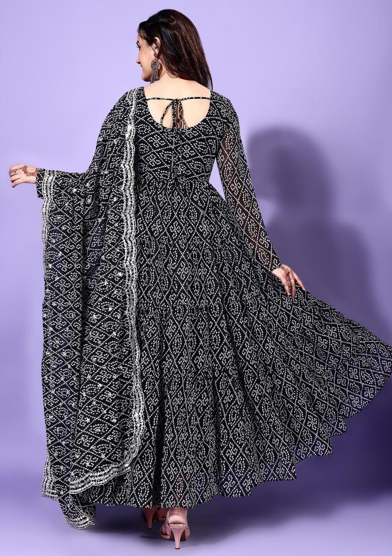 Black Printed Georgette Anarkali Set - Indya
