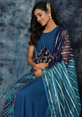 Blue Printed Viscose Anarkali Set