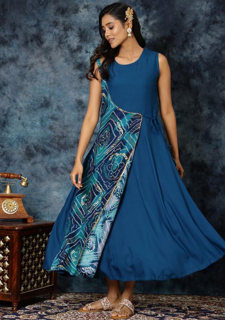 Blue Printed Viscose Anarkali Set - Indya