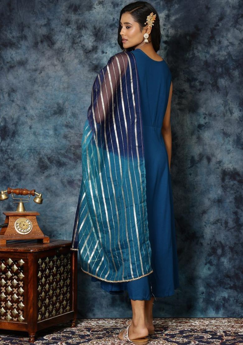 Blue Printed Viscose Anarkali Set - Indya