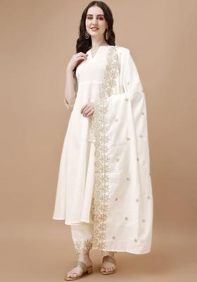 White Embroidered Silk Kurta Set