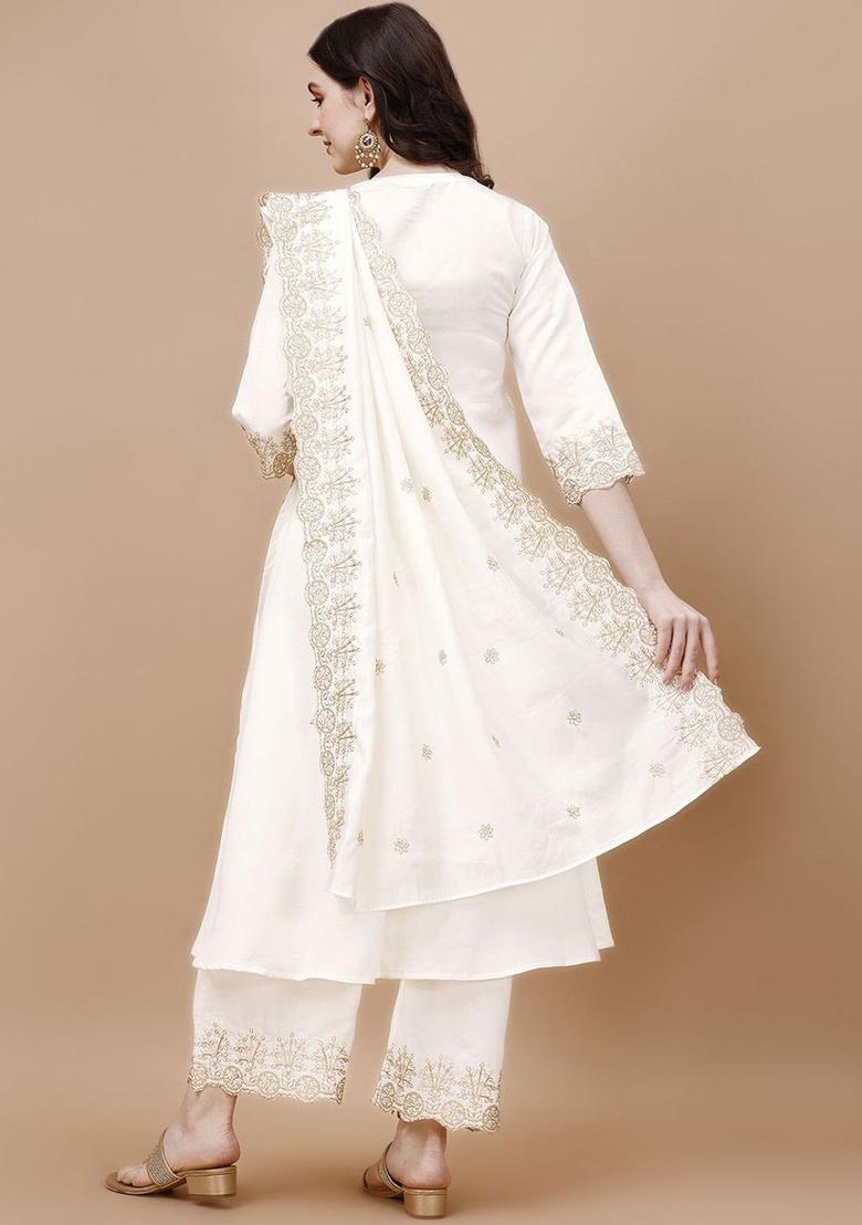 White Embroidered Silk Kurta Set - Indya