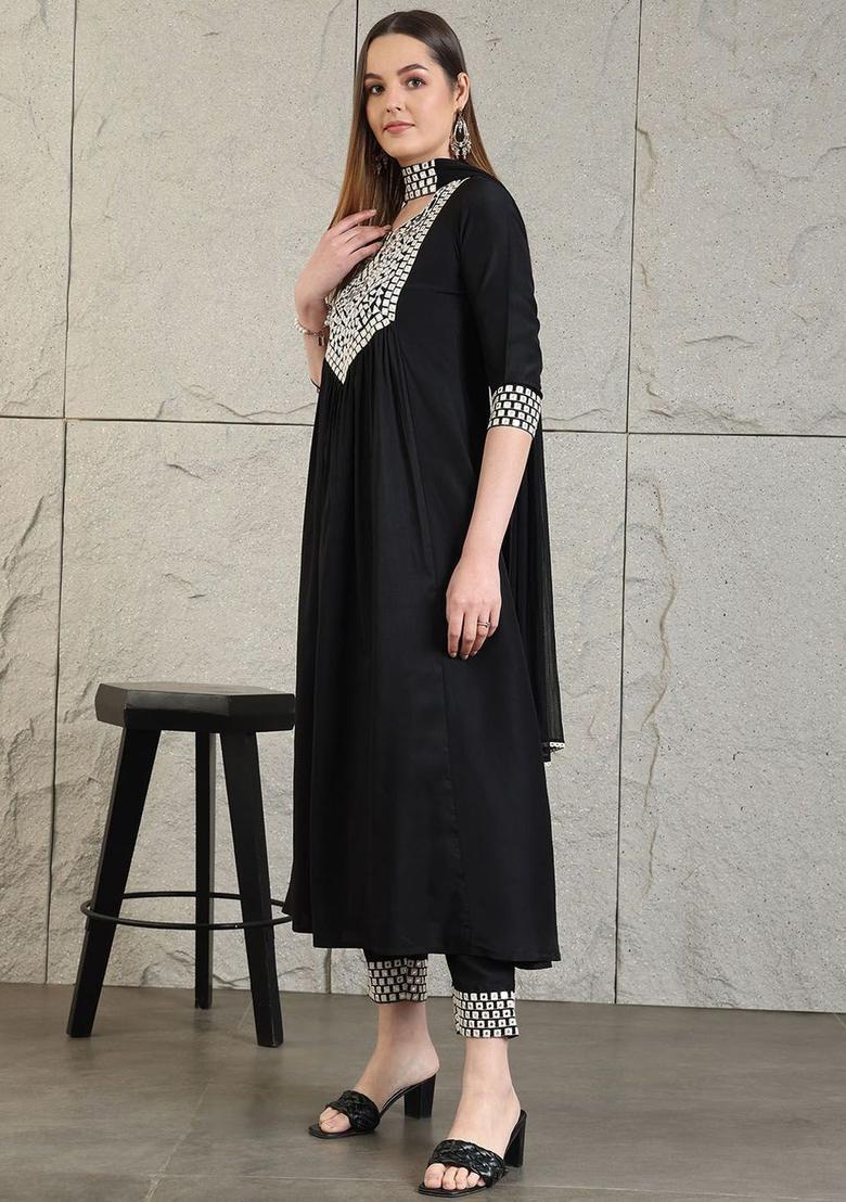 Black Embroidered Viscose Kurta Set - Indya