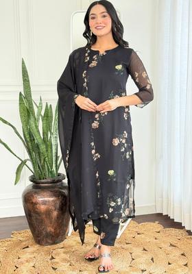 Black Printed Silk Kurta Set