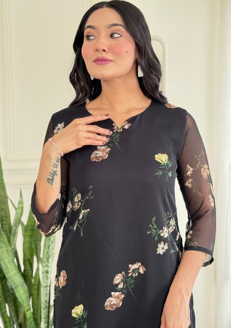 Black Printed Silk Kurta Set - Indya