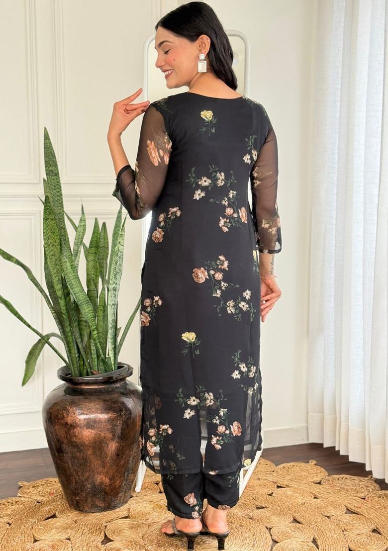 Black Printed Silk Kurta Set - Indya
