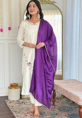 Off White Embroidered Viscose Kurta Set