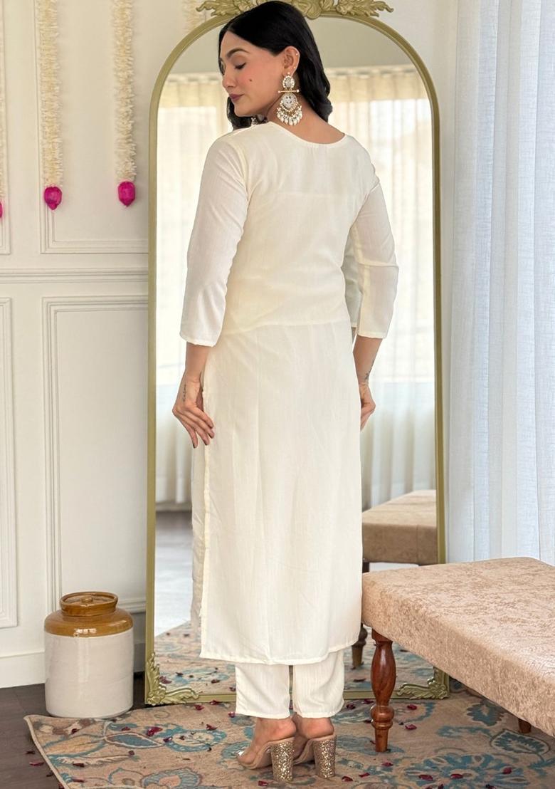 Off White Embroidered Viscose Kurta Set - Indya
