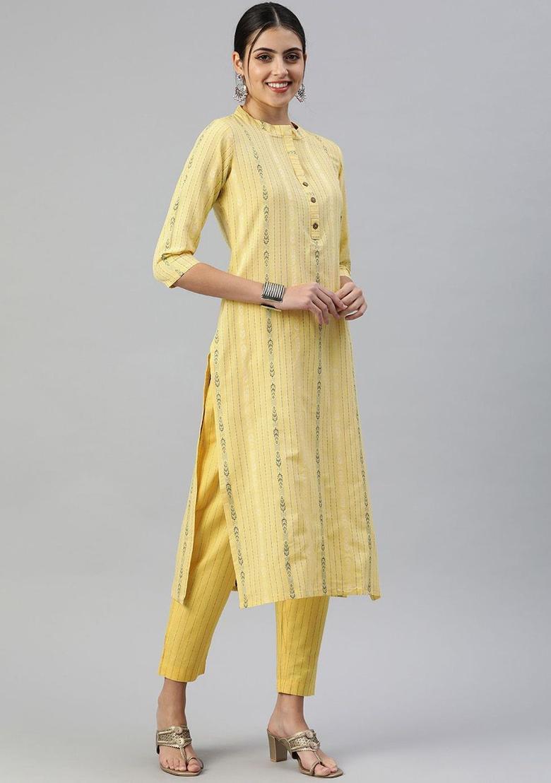 Yellow Striped Cotton Kurta Set - Indya