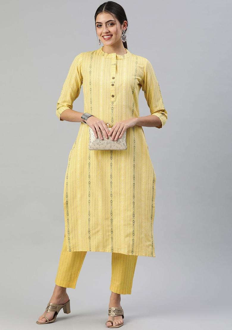 Yellow Striped Cotton Kurta Set - Indya