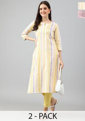 Yellow Striped Cotton Kurta Set