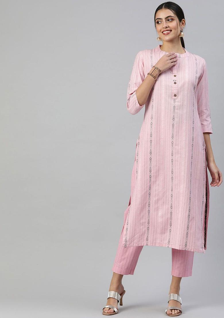Yellow Striped Cotton Kurta Set - Indya